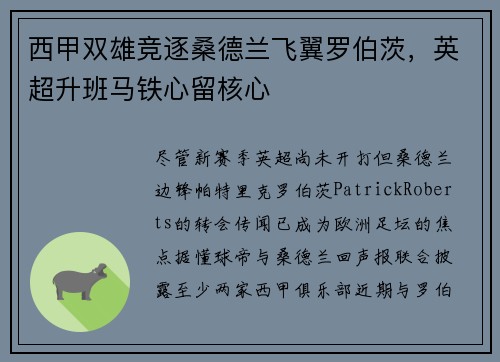 西甲双雄竞逐桑德兰飞翼罗伯茨,英超升班马铁心留核心