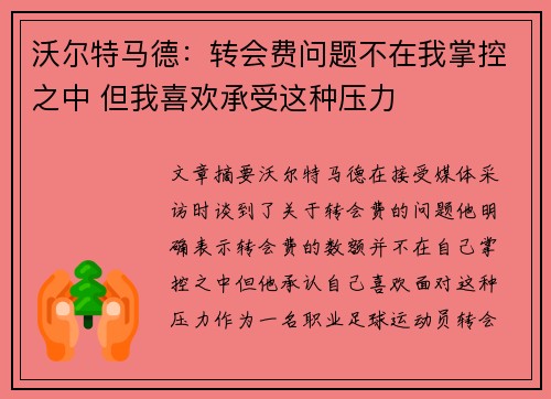 沃尔特马德:转会费问题不在我掌控之中 但我喜欢承受这种压力