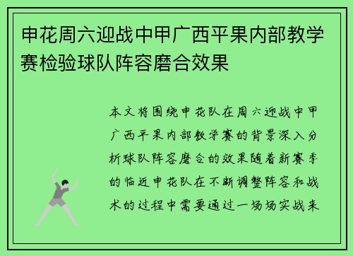申花周六迎战中甲广西平果内部教学赛检验球队阵容磨合效果
