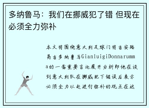 多纳鲁马：我们在挪威犯了错 但现在必须全力弥补